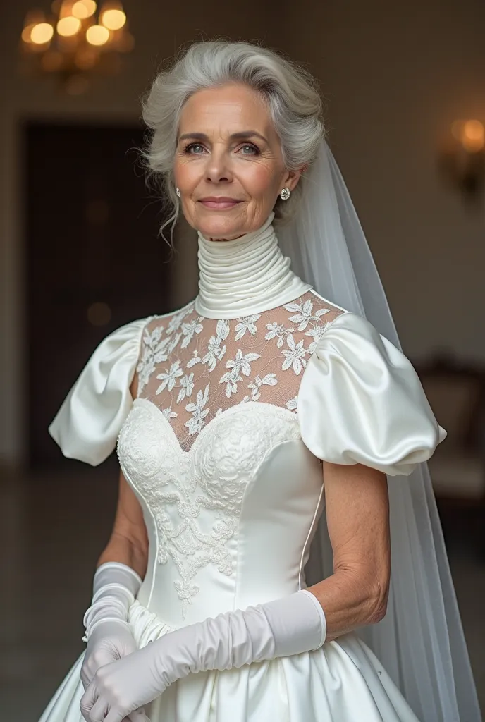 Beautiful female veteran of sixty years with an extremely long neck. She wears a wedding dress ,  completely white, with a tight high collar, corrugated , that wraps around and covers her entire long neck. The fabric of the dress is made of delicate lace a...