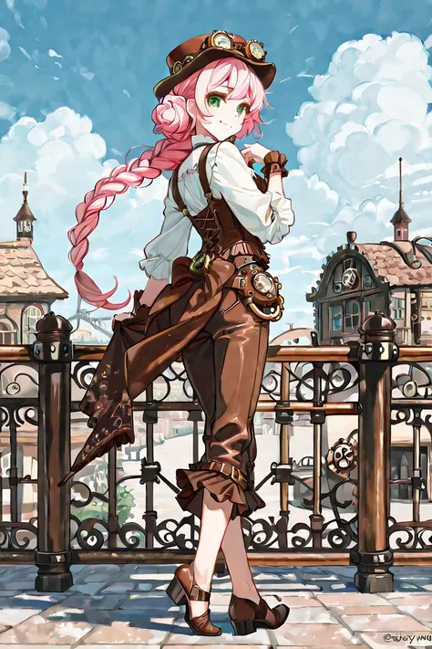 highest quality。masterpiece。detailed details。full body 。one woman。pink hair elaborately braided back into a bun 。 green eyes . steampunk cowgirl outfit 。Cheerful smile。The background is a western style town, dusty wind, blue sky and white clouds.。