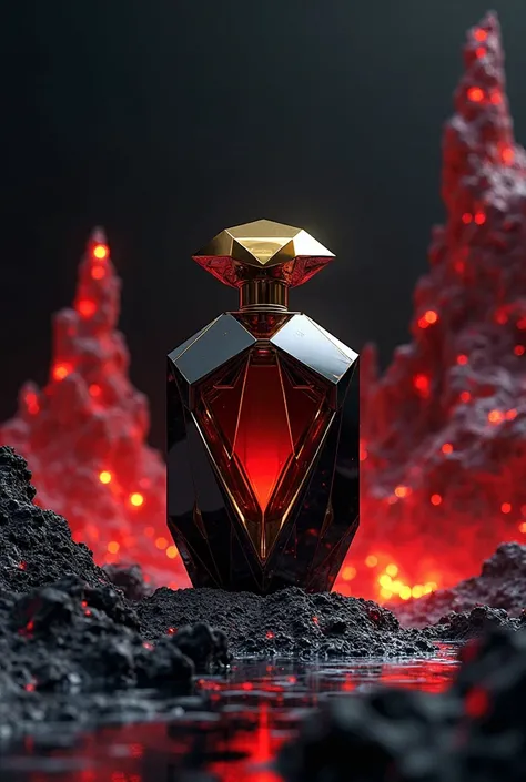 "A luxurious perfume bottle with a futuristic design, standing on a dramatic landscape with glowing red and black crystal-like rocks. The background features a dark gradient with hints of fiery red, creating a mysterious and elegant atmosphere. The perfume...