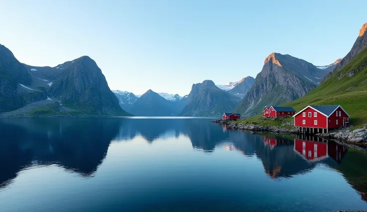 Mountain peaks emerge from the deep blue sea in the Lofoten Islands. Small red cabins line the coast, reflected in the calm waters of the fjord. A place where nature and calm coexist in perfect harmony.