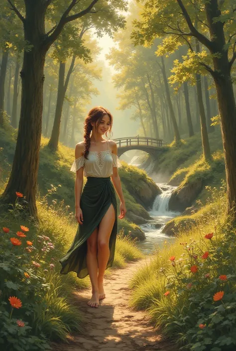 illustration, High-resolution anime-style illustration with impressionistic influences, soft, painterly brushstrokes blending warm golden light and deep forest greens. A young woman walks along a winding sunlit forest path, dappled sunlight filtering throu...