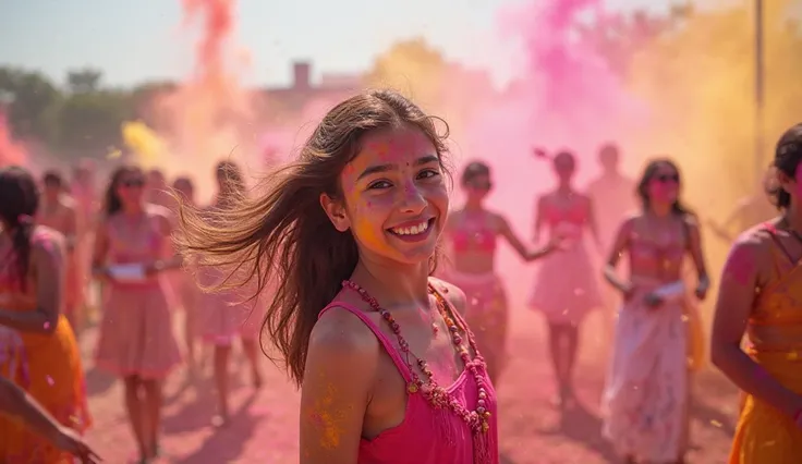 A beautiful girl playing Holi in an open field, gulal is flying in the air, people are dancing to the beat of the drum, and clouds of pink, red, yellow colors are spread in the sky.real photo 