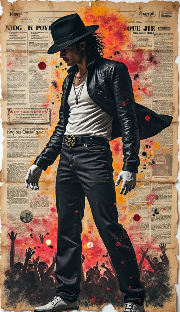 Prompt : A surreal newspaper collage featuring Michael Jackson, the legendary King of Pop. His iconic curly hair, fedora hat, and signature white glove stand out in the composition. Elements of his most famous performances, such as the "Moonwalk" and the "...