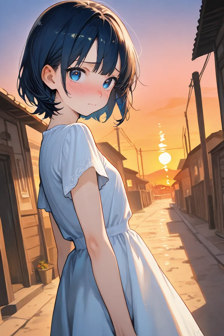 ((look at viewer)),((sunset)), Side Angle ,Around town,High quality texture,solo,1 girl,  dark blue short hair, blue eyes,white plain short sleeve dress, slightly petite ,medium chest,Young face,I&#39;m so embarrassed,through the village