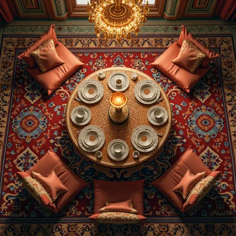 "A top-down view of a beautifully arranged table set in a traditional Islamic vibe for Ramadan. The table is adorned with a richly patterned, vibrant Arabic carpet as its base, showcasing intricate geometric designs and warm, earthy tones. The table itself...