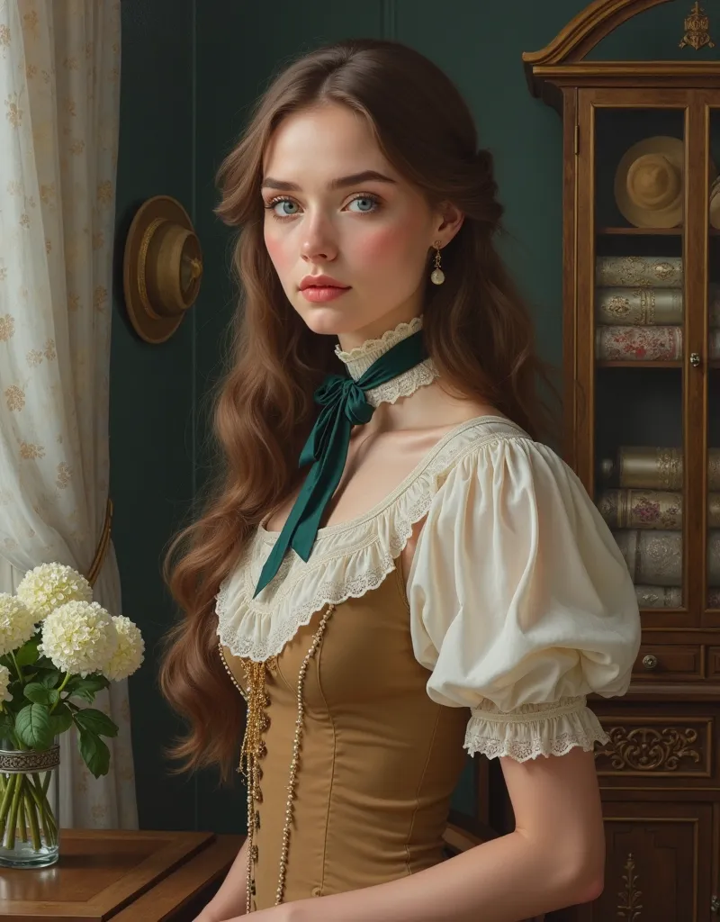 Oil portrait (painting on canvas), realistic image quality, photography, Realistic Illustration.  Aesthetic image .  detailed image. Aristocratic environment,  high standard .  Diagonal view ,  Diagonal focus . pose/ Imperious posture ,  dominant. pose med...