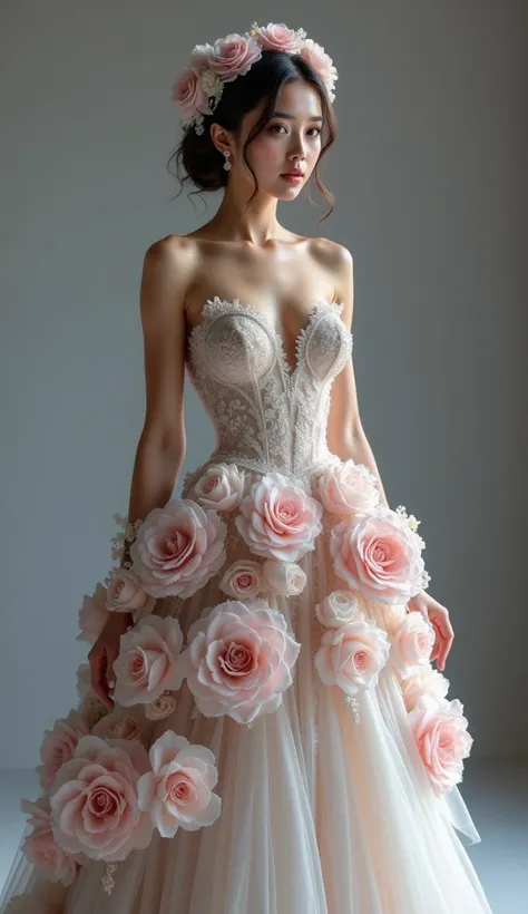 The image is a portrait of a woman wearing a beautiful pink and white wedding dress. The dress is made up of multiple layers of fabric, with the bodice being strapless and the skirt being full and voluminous. The skirt is made of layers of pink roses and w...