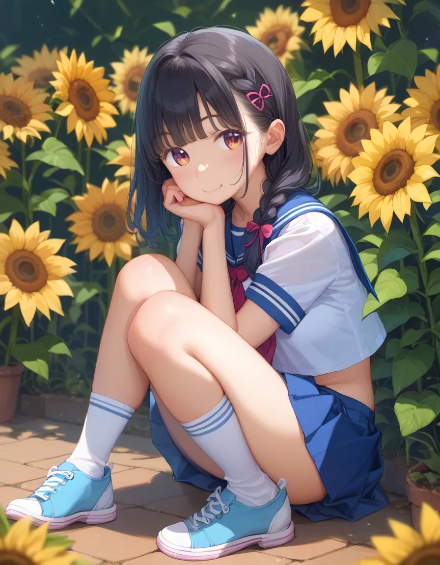 best image quality、 pretty eyes、Detailed eyes、 cute face 、 Baby Face、、Juvenile body、sailor suit、 black hair、 girls on the left、full body、平たい胸、knee-high socks、braids、Sunflower field