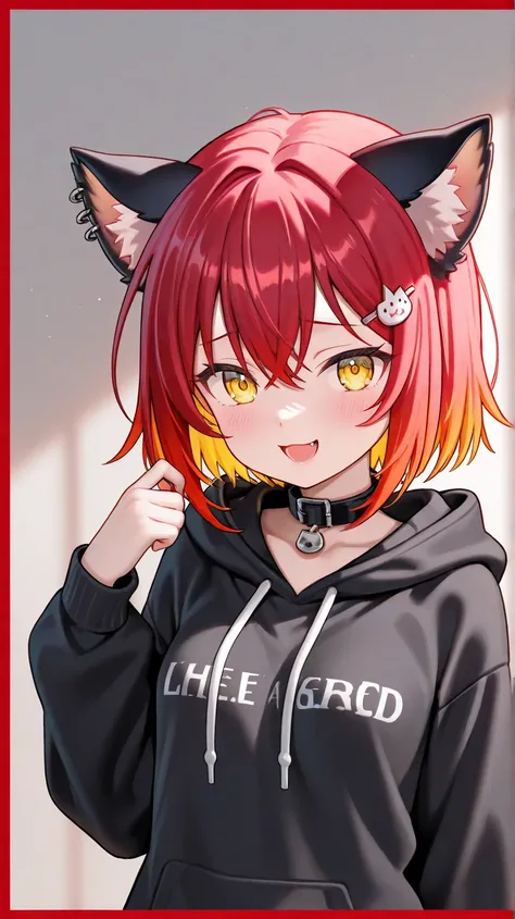 I have short red hair 。They have cat ears 。They have yellow eyes 。I'm wearing a cat hairpin。I'm wearing a black hoodie with a red border。 laughing。Wearing a collar。I have small breasts。