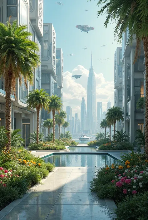 create a futuristic courtyard with a view of a very futuristic city from 2100 with flying cars but with nature all around