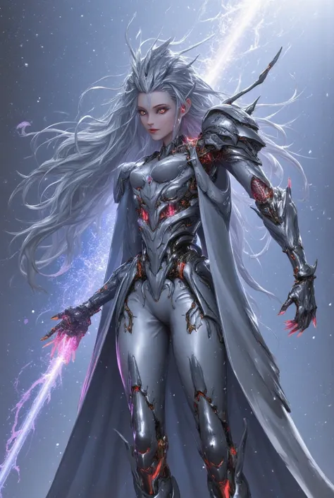 "A futuristic cybernetic woman with intricate biomechanical enhancements, blending human beauty with advanced robotics. Her silver-white hair is interwoven with glowing circuits and metallic components. Her face is delicately human with soft, realistic fea...