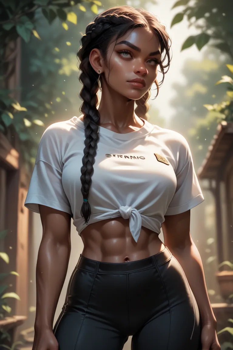 A sexy hot black dark skinned woman. Her hair is in braids, african. She wears an all black outfit. Tied black shirt, tied shirt, midriff, rolled up sleeves. Tight black pants. Nice body. Dominant