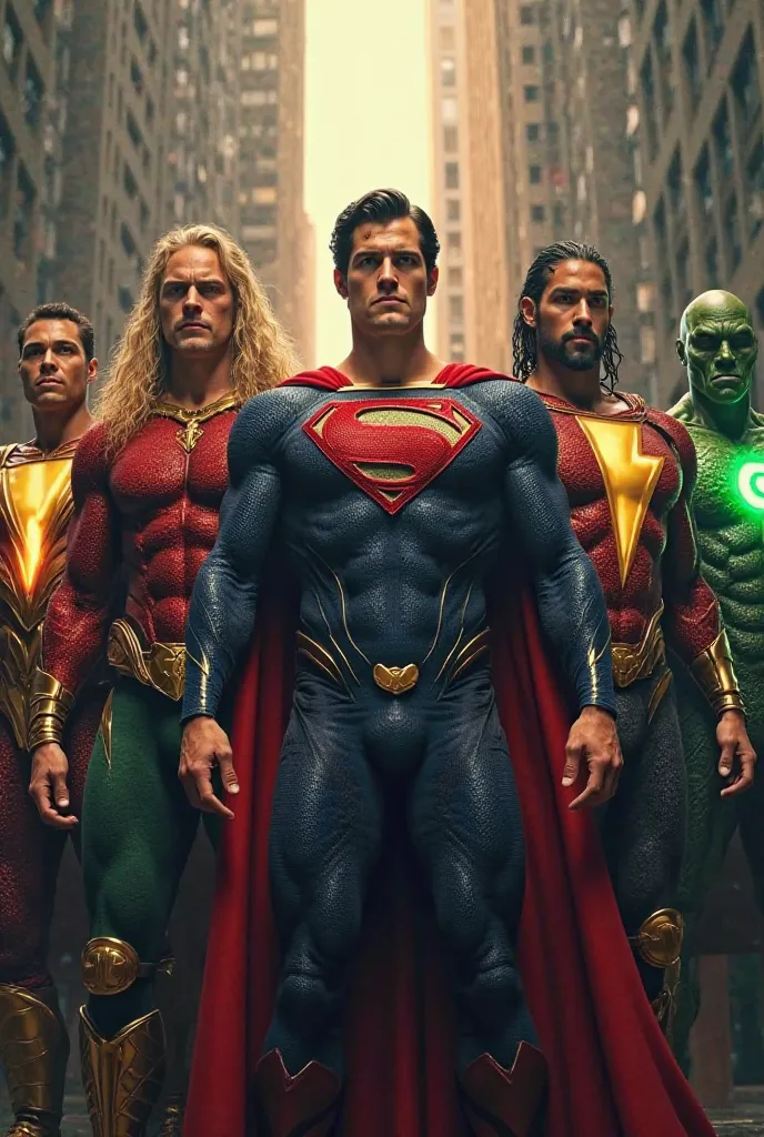 A team of five powerful superheroes standing heroically together. The team includes a mighty alien with a red cape (Superman), a warrior king of the ocean with a trident (Aquaman), a magical hero with a lightning symbol on his chest (Shazam), a space warri...