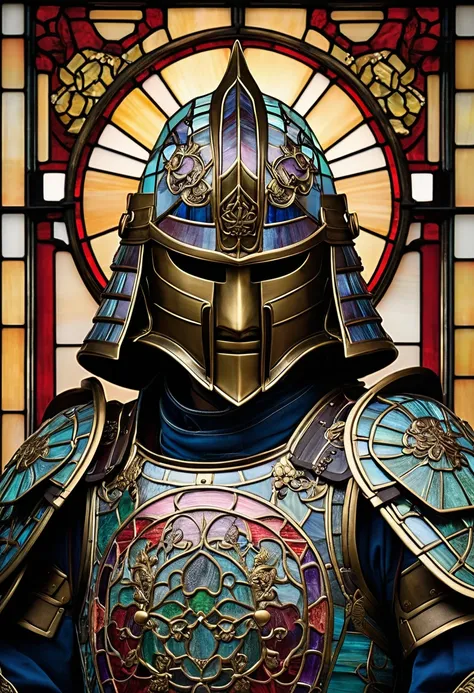 A highly detailed illustration of a traditional Japanese samurai armor (Yoroi) depicted in a vintage stained-glass style with a timeworn, antique aesthetic. The entire artwork embodies the craftsmanship of classic stained-glass windows, with a soft patina,...