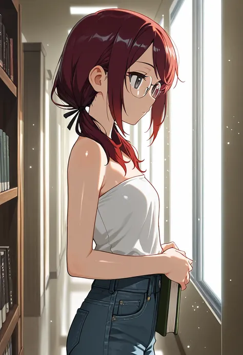 masterpiece, best quality, amazing quality, from side, expressionless, :|, girl, solo, light particles, thin, close up, books, dark red hair, swept bangs, low twin tails, hair ribbons, stoic, glasses. gray eyes, white strapless shirt, jeans, shadows, hallw...