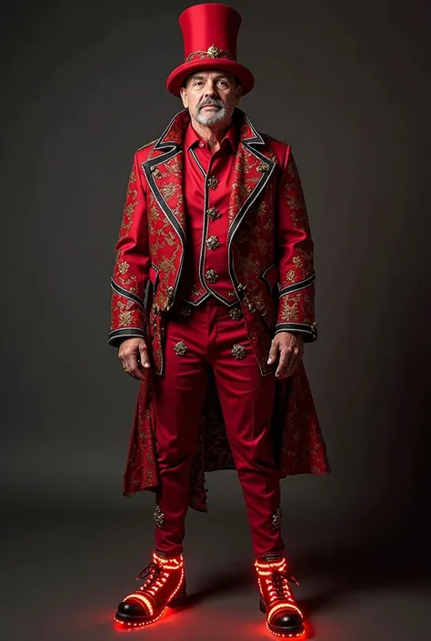 30-year-old man, traveling circus presenter. Red and black clothing with LED and galley.  full body and in front . From the shoes to the galley, let you see all the costumes. Something eccentric with accessories that represent electricity