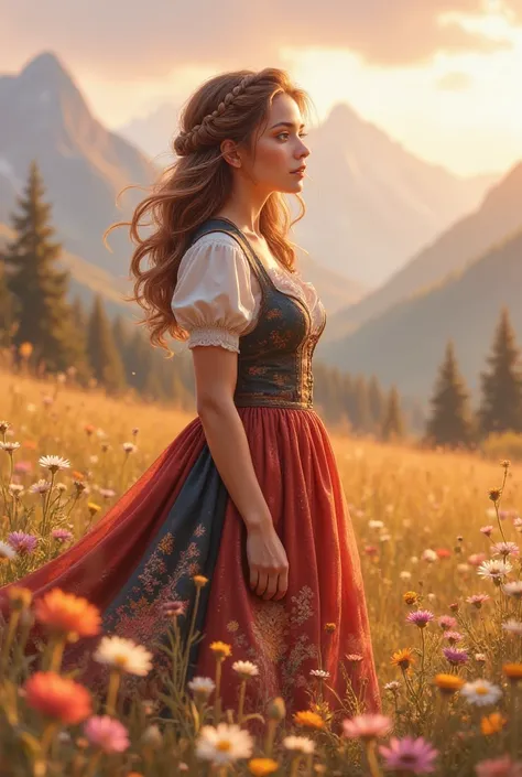 illustration, High-resolution anime-style illustration with impressionistic influences, a young woman standing in an alpine meadow, soft warm light filtering through the misty mountains. She wears a beautifully detailed dirndl with a corset, the embroidere...