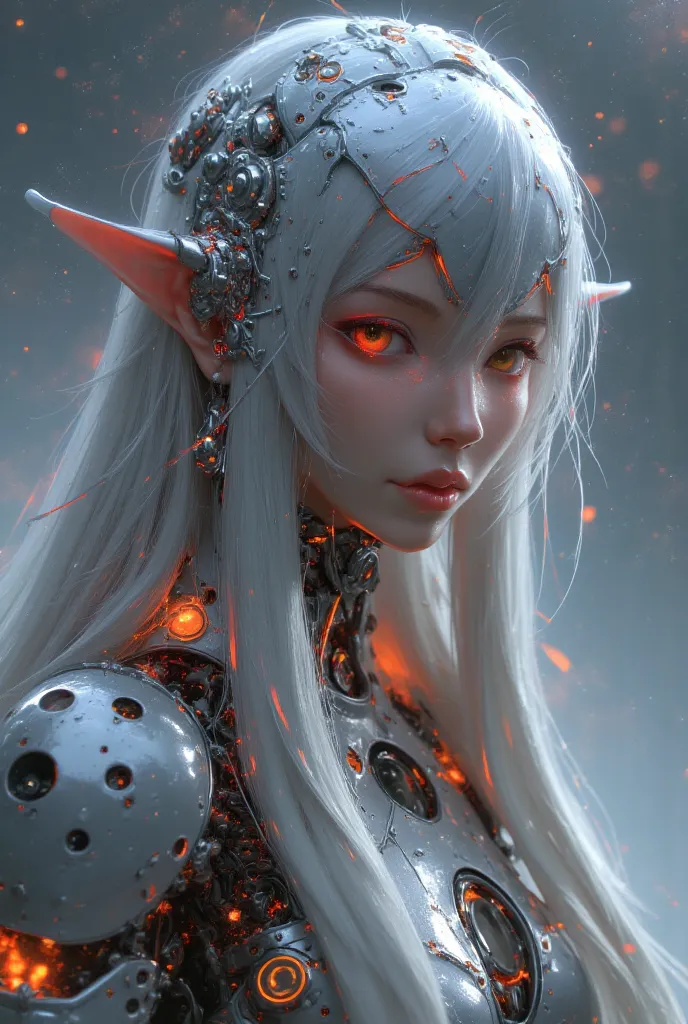 "A futuristic cybernetic woman with intricate biomechanical enhancements, blending human beauty with advanced robotics. Her silver-white hair is interwoven with glowing circuits and metallic components. Her face is delicately human with soft, realistic fea...