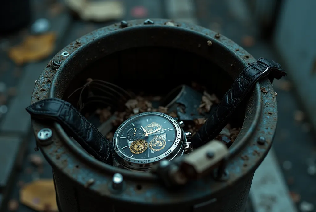 A movie scene of a watch lying in a garbage can on the street on the side. The watch is attractive and has a beautiful shape and the time stands at number 12, 