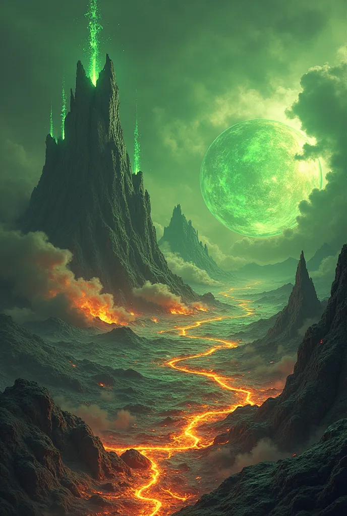 An image of a volcanic green lava planet