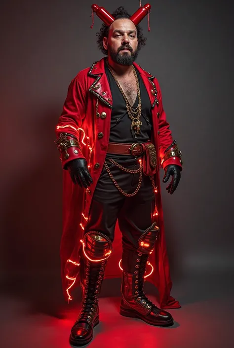 30-year-old man, traveling circus presenter. Red and black clothing with LED and galley.  full body and in front . From the shoes to the galley, let you see all the costumes. Something eccentric with accessories that represent electricity