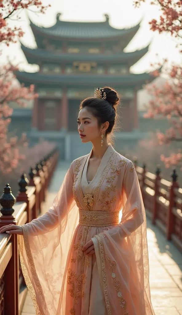 A beautiful Chinese woman with white skin like jade, wearing an exquisite ancient Hanfu, delicately embroidered with gold thread and light silk, a long-sleeved robe fluttering in the wind, wearing ancient jewelry, she stood in front of a grand Chinese pala...