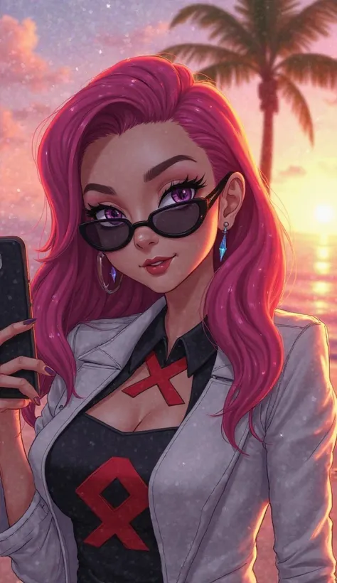 A highly detailed and stylized digital illustration of Jessie from Team Rocket (Pokémon) in a modern version. She wears fashionable, contemporary clothing in her signature colors—white, black, and red—featuring a bold red 'R' on her chest as a nod to Team ...