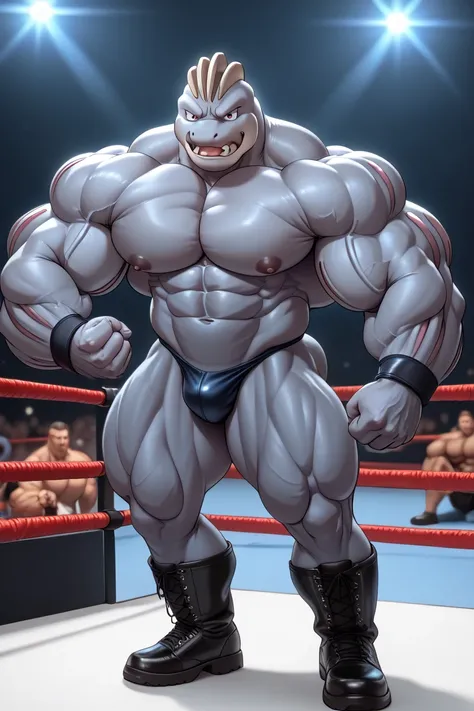 Pokemon Machoke in a frontal "most muscular pose". Little head compared to the shoulders, extremely large, huge muscles, shredded serratus, 6-pack-abs, huge arms, pumped pecs, big quads, huge calves, black posing thong, black military boots. On a wrestling...