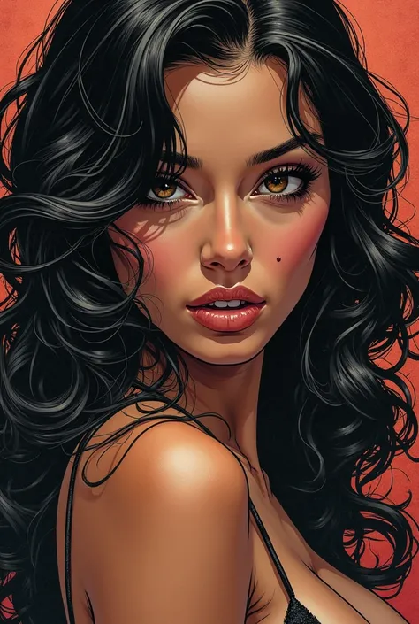 create comic art of a beautiful woman with fine and delicate features,  long curly hair, dark brown eyes and seductive, olive-colored skin , with a dot under your left eye, an aura of a model.