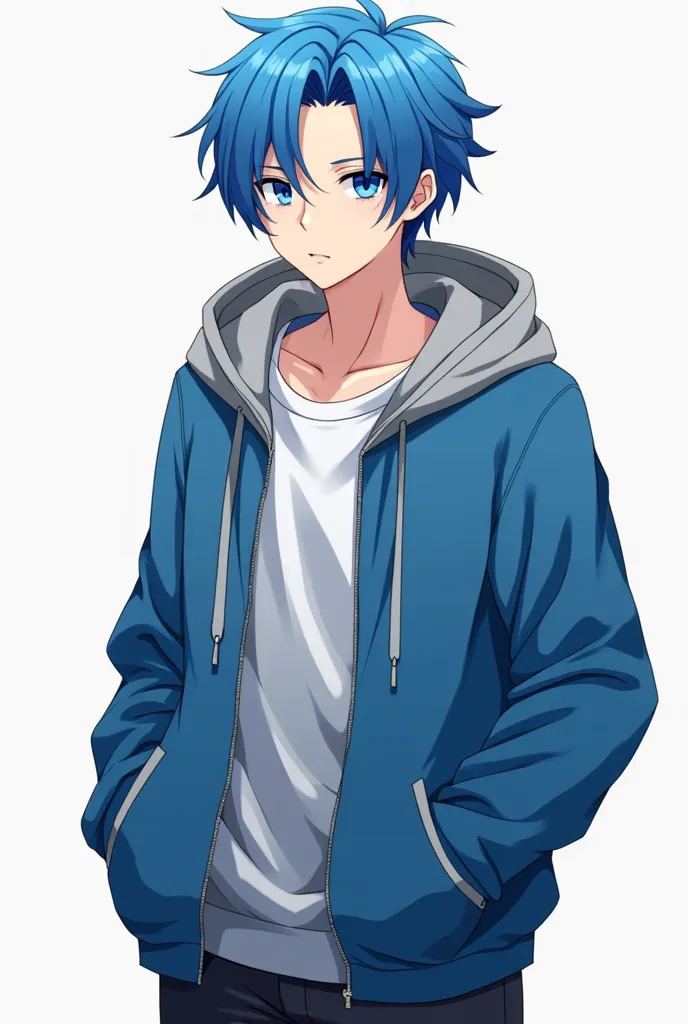 Male preonage,wearing blue sweatshirt with gray hoodie white shirt behind the sweatshirt.  with blue hair, anime