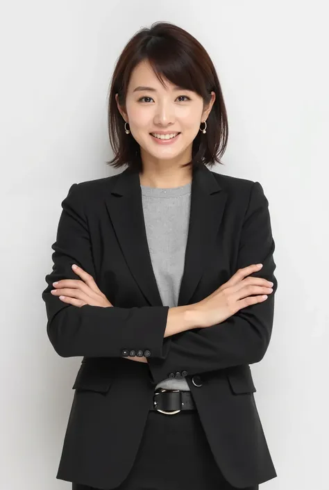 Create a stunning portrait of a very beautiful Japanese actress. She is wearing a business suit and has a slim figure with a small bust. The setting is a professional photography studio, where she stands confidently. The lighting is cinematic, enhancing he...