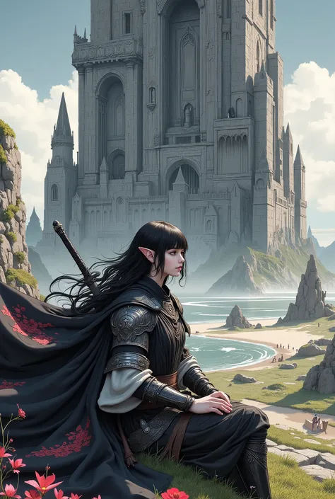 (Ultra-detailed face, Looking away, Gothic Illustration, Dark tone colors. She has five fingers on her hands and five toes on her feet.), BREAK 
(On a hilltop against a backdrop of a great sea and shining sun. There is a huge old standing stone figure, bli...