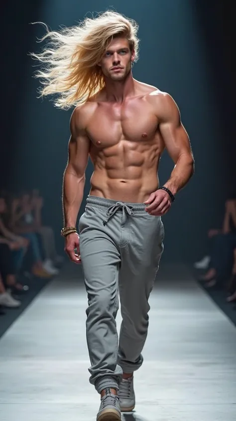  A Man,  blond hair,  moving with the beat of the wind.  The muscular body, Strong and of an infinite sensual beauty, Perfectly beautiful face and always the same. Trendy clothes from the brand "adidas" in evidence and the logo in the upper left corner,  b...