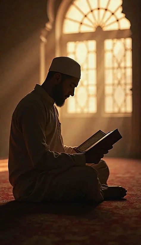 A realistic silhouette of a Muslim man sitting cross-legged, reading the Quran.
Pose & Details: He should be slightly hunched forward, deeply engaged in reading, with the Quran resting on a wooden Rehal (Quran stand).
Background: A soft, warm glow coming f...