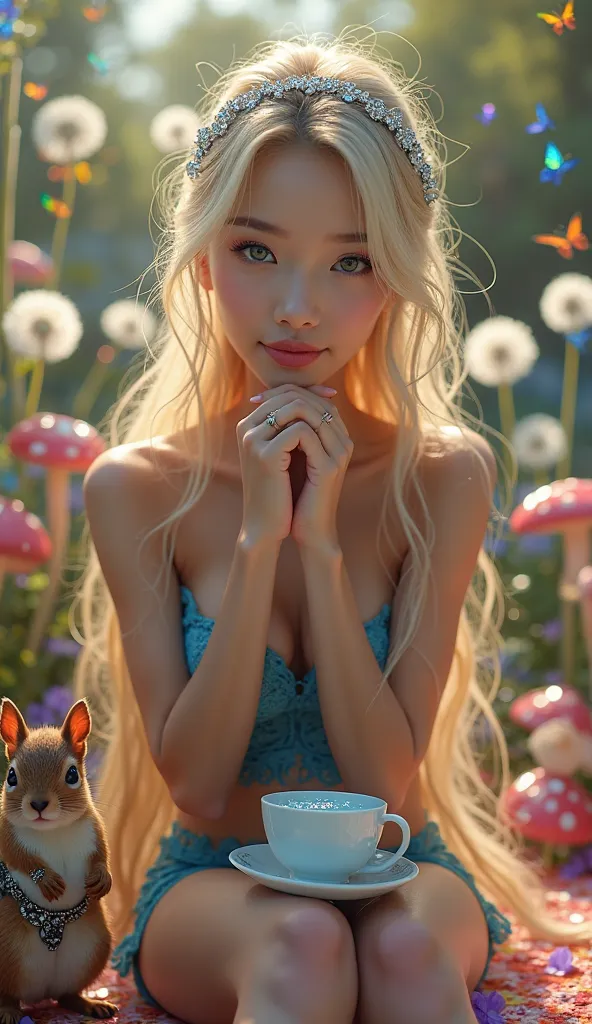 Whimsical and Playful, Realistic, 8K Ultra HD, Photorealistic, Extreme Detail, Masterpiece, Best Quality, RAW, Dutch Angle, Vivid Colors.  
A stunning East Asian woman with striking **sapphire-blue eyes** and **long, flowing blonde hair** sits playfully on...