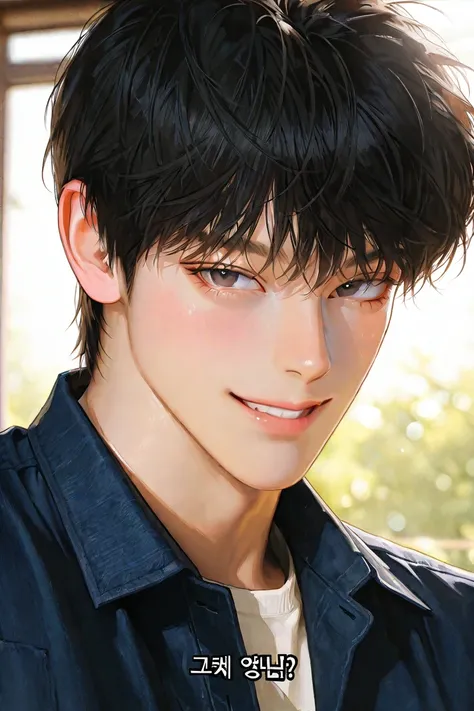 31-year-old male, handsome, Dandy cut,  Messy black hair ,  1 man with a gun,smile, short hair,  male-centered, Pixif Art, language, handsome man, Thick painted ,   Korean Comic Style  ,  semi-realistic art  ,  semi-realistic art  style,  Expressive Brushw...