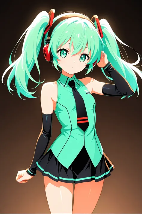 1 girl, vocaloid , Hatsune Miku,turquoise long twin tails,Blue-green eyes,miniskirt,tie,headphones,sleeveless, black arm cover ,black long boots