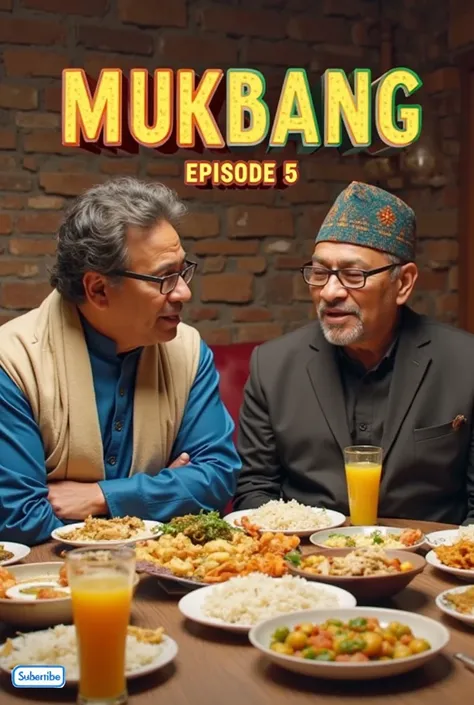 "Two men are sitting at a table, about to enjoy a large meal in a cozy, rustic dining setting with an exposed brick wall background. One man, wearing glasses and a blue outfit with a beige shawl, is mid-conversation while the other, wearing a Nepali topi a...