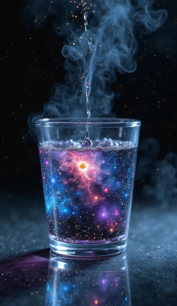 A close-up of a crystal-clear glass filled with water, placed on a reflective dark surface. A single droplet of black ink falls into the water, swirling like smoke, but instead of dissolving, it begins to glow with cosmic energy. The ink transforms into a ...