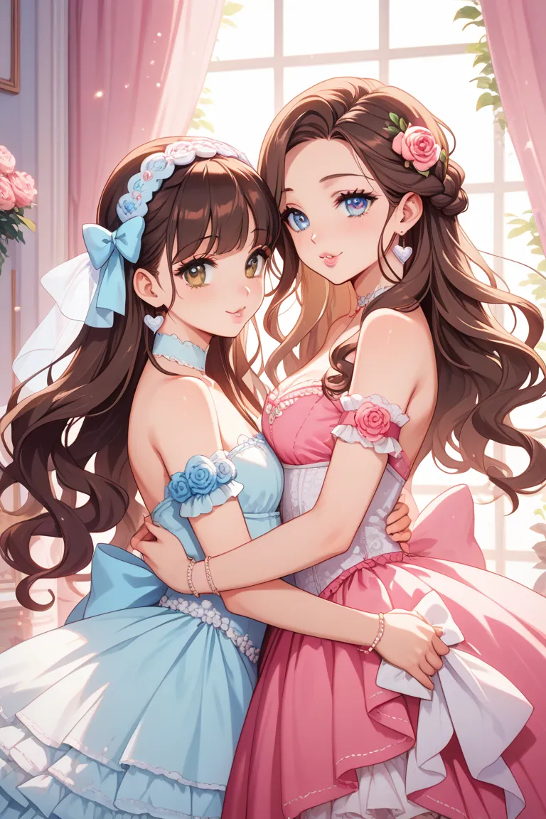  girls on the left、garter belt、big bow dress、White and pink、princess、braided headband、dark brown hair、long lashes、Double layered、Heart shaped lips、 cute smiles 