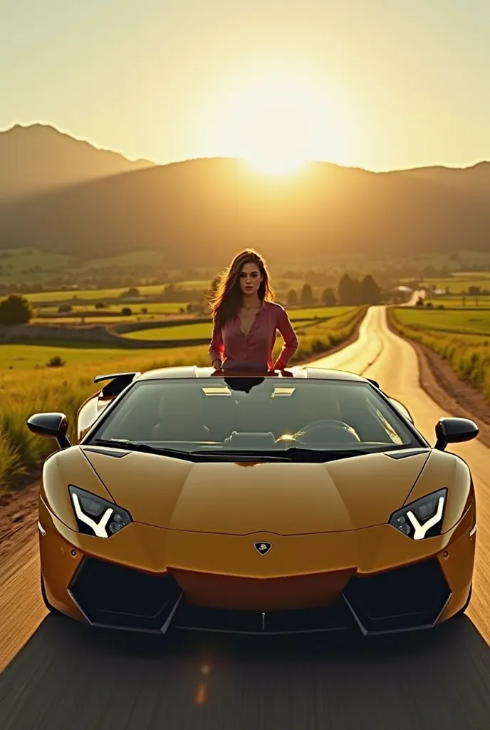 "Describe a confident young woman, effortlessly navigating a sleek Lamborghini through winding rural roads. The golden sun casts long shadows as the vibrant green fields stretch endlessly on either side. The engine's roar echoes against the tranquil landsc...