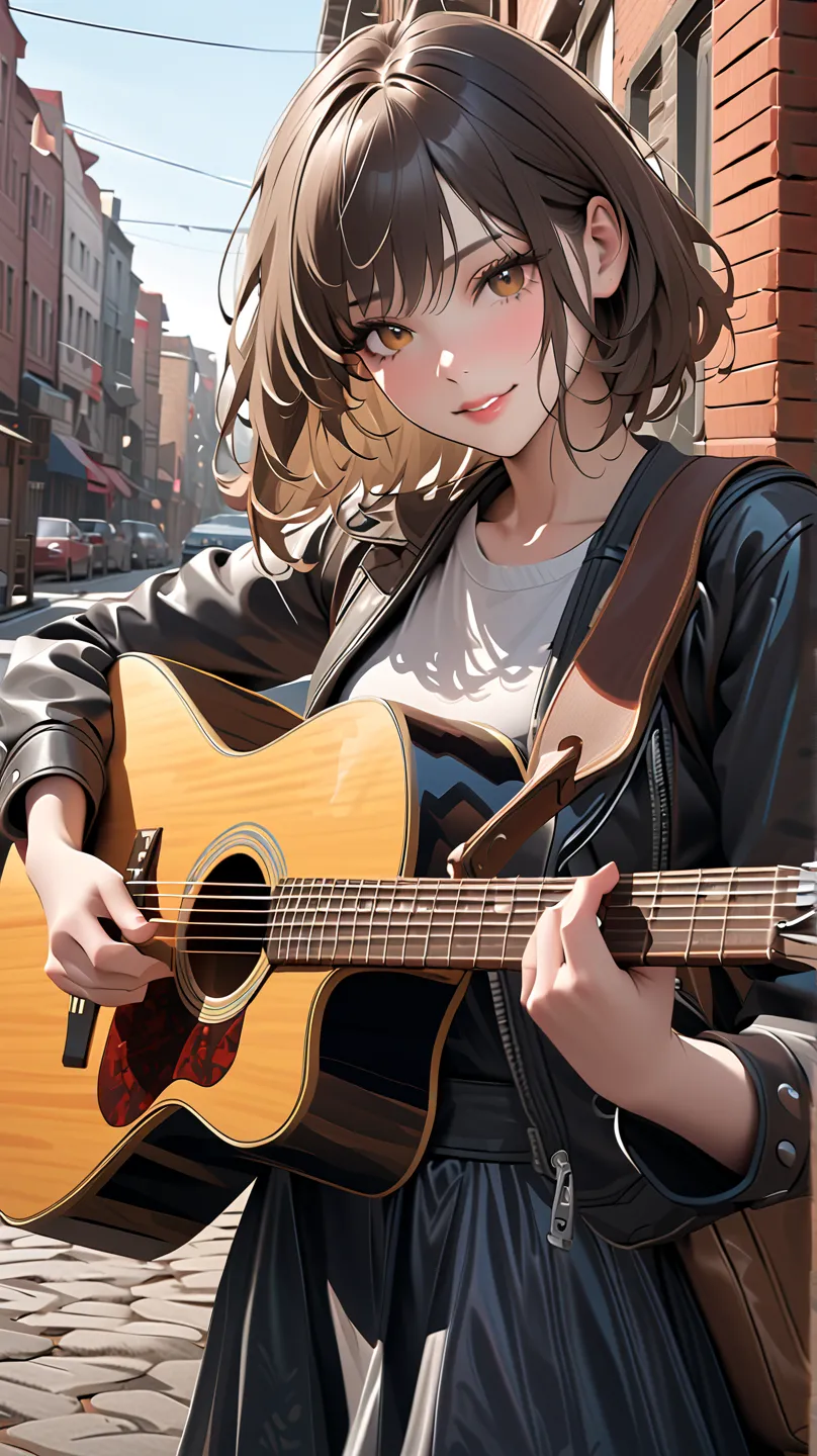 (Masterpiece, best quality, highest quality, high resolution, photorealistic, raw photo, extremely detailed CG integrated 8k wallpaper)) Beautiful illustration, a cute girl playing a guitar on the street