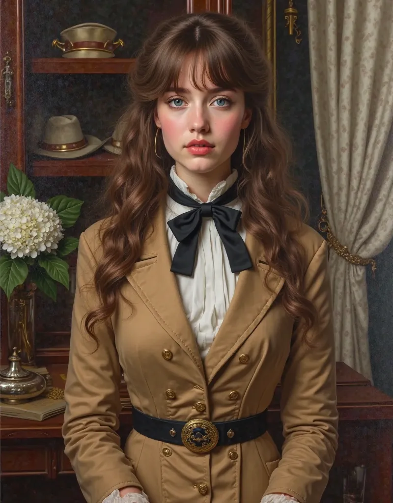 Oil portrait (painting on canvas), realistic image quality, photography, Realistic Illustration.  Aesthetic image .  detailed image. Aristocratic environment,  high standard .  Diagonal view ,  Diagonal focus . pose/ Imperious posture ,  dominant. pose med...