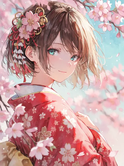 ultra-detailed illustration of 1girl, solo, brown short hair, aqua eyes, red kimono with traditional Japanese patterns, hair ornament, portrait, upper body, looking back, hand on chest, sakura, fluttering petals, depth of field, light smile, watercolor, ma...