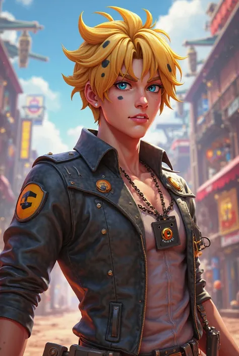 Make for me a male character in Free Fire style with a black trap tag with short hair with blonde and black polka dots 
