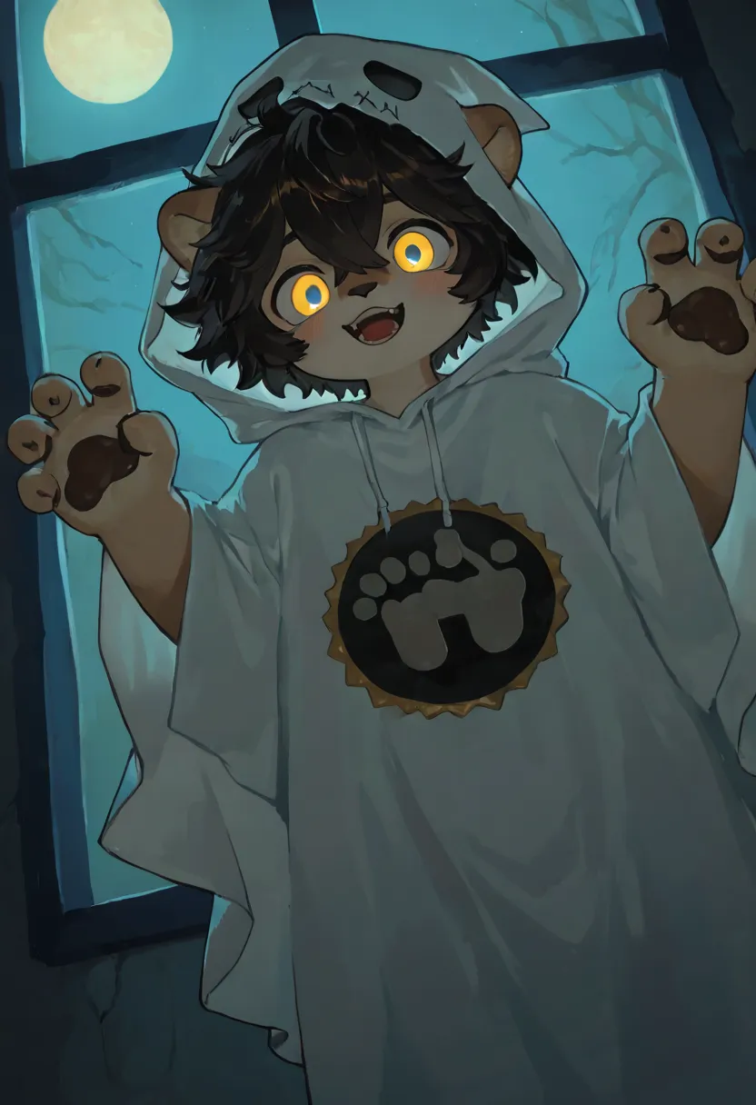 source_ furry， furry male，elementary school students，((boy  )),lion boy  ,Dog ears，short hair,masterpiece, newest,absurdres, incredibly absurdres, bright eyes, detailed eyes,short hair,  messy hair, blush,  laugh, head tilt，ghost costume, messy hair,  expr...