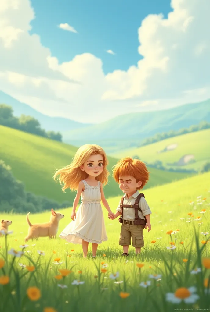  A girl with blonde hair , Dressed in a white dress, A boy with brown hair , Field dress 