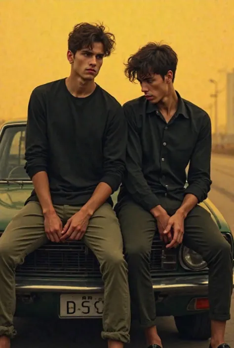 Handsome young men
black shirt and olive color pant golden background little bit sadness and sitting on car bonot