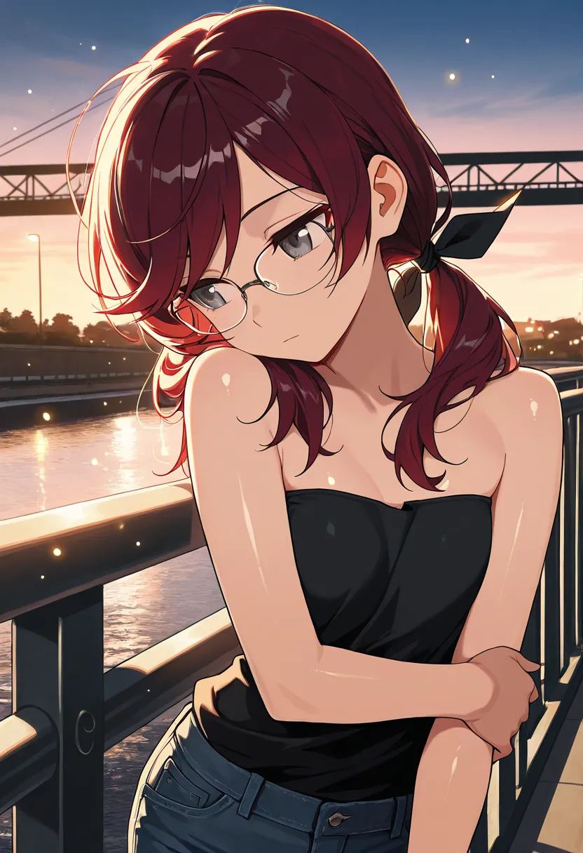 masterpiece, best quality, amazing quality, expressionless, :|, girl, solo, light particles, thin, close up, hair blowing in wind, looking away, holding own arm, dark red hair, swept bangs, low twin tails, hair ribbons, stoic, glasses, head tilt, head on o...