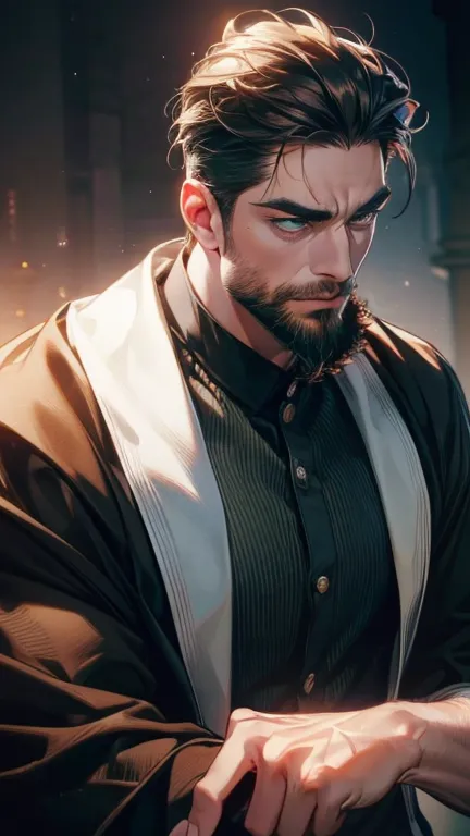 (  best quality,4K,8k,   highres,  masterpiece :1.2),  ultra-detailed  ,(Realistic,photoRealistic,photo-Realistic:1.37),36-year-old man,3 day beard,Beautiful anime,Portraits,strong,masculine,   with dark hair  ,sharp jaw,    mesmerizing green eyes   ,   pe...